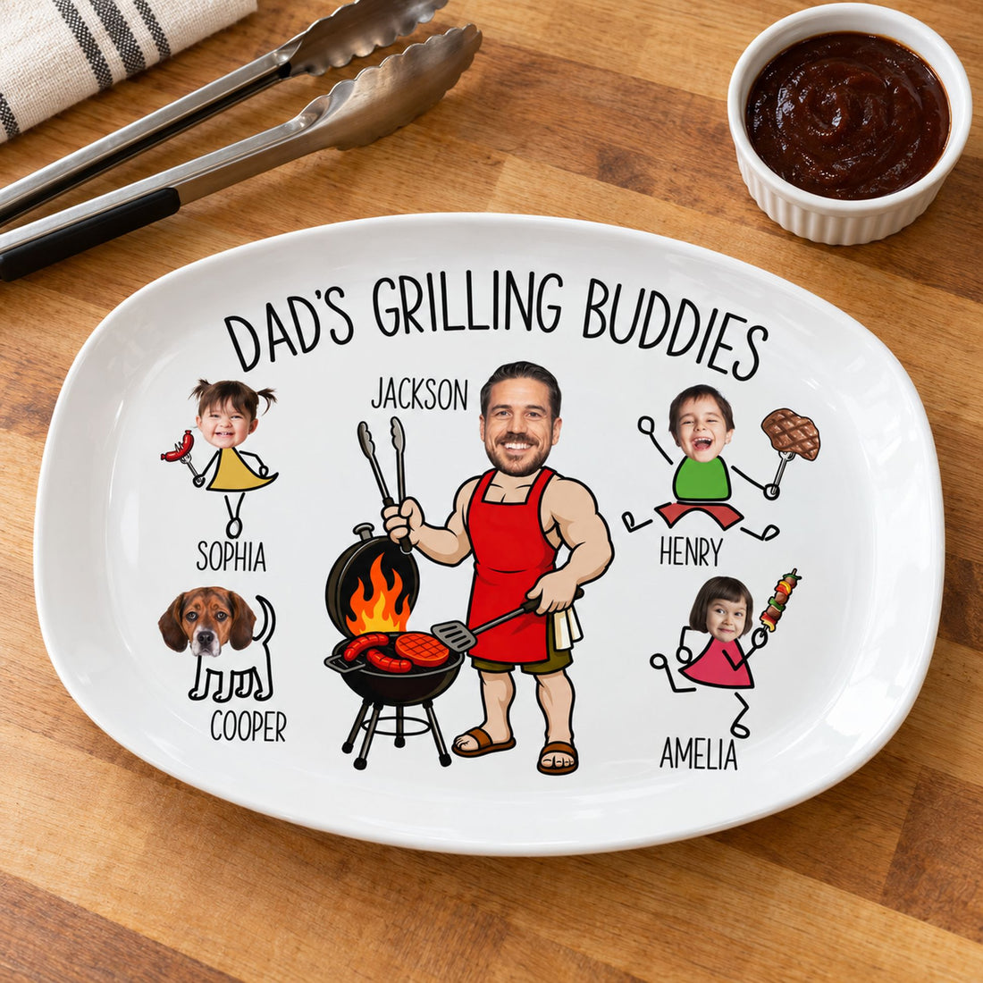 Custom photo Dad grilling platter on a butcher block counter next to BBQ tongs