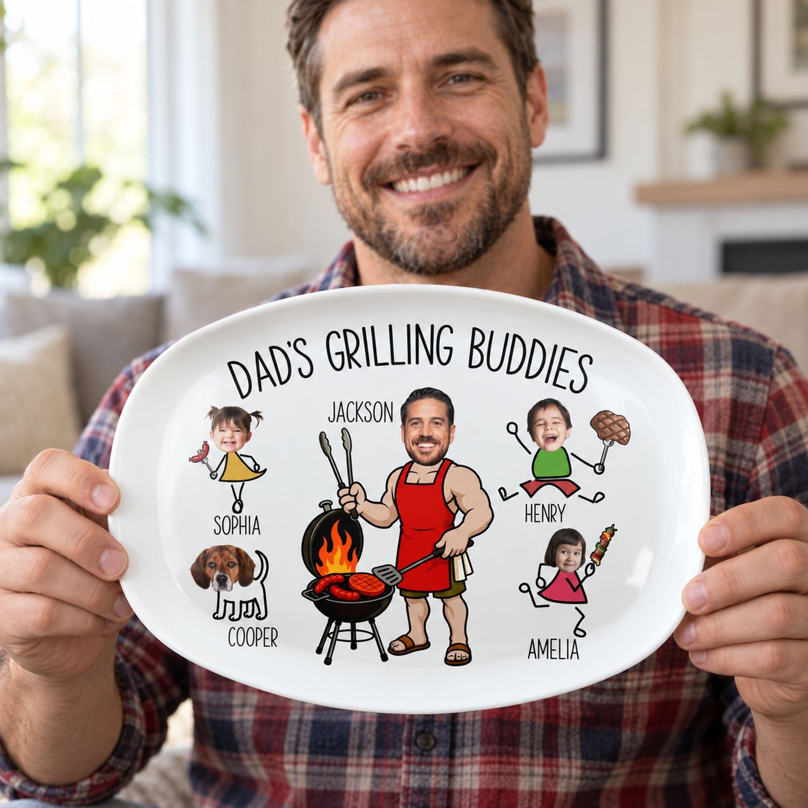 Smiling dad holding his personalized Dad Grilling Buddies serving platter