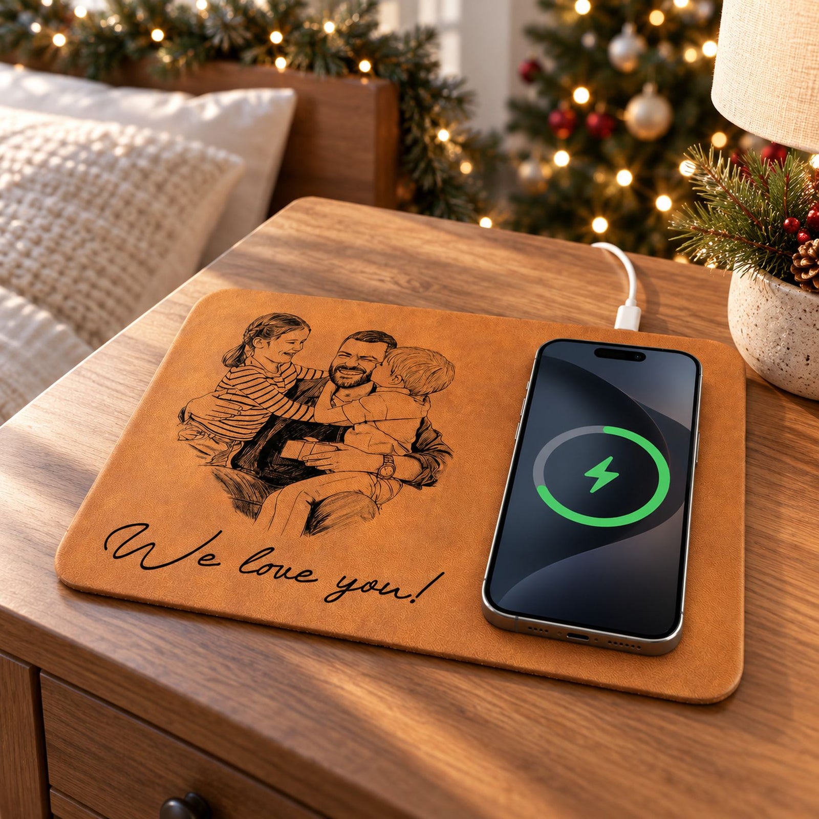 Personalized Dad sketch charging pad on bedside table with Christmas tree in background