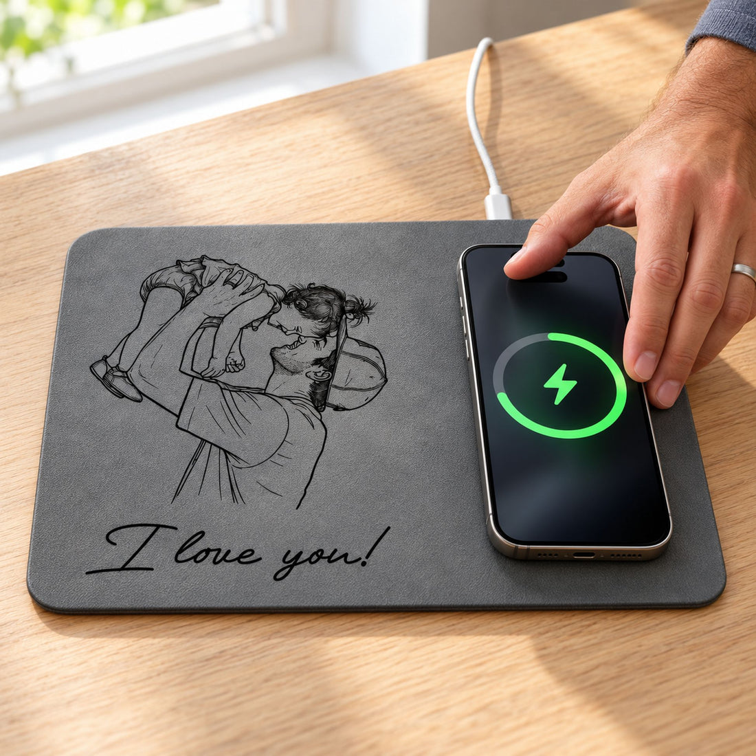 Dad placing smartphone onto personalized grey sketch wireless charging pad on office desk