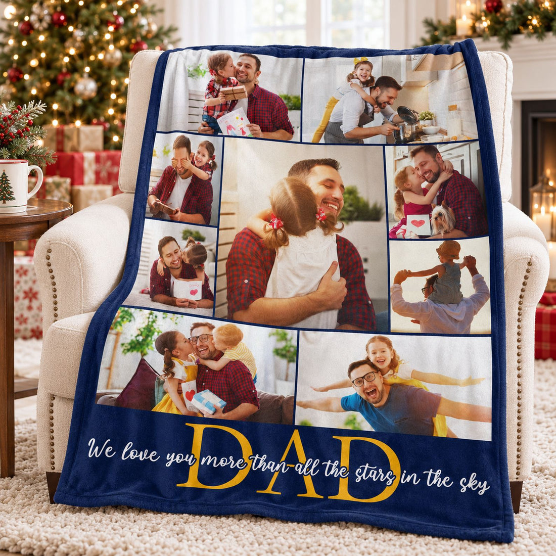 Custom photo Dad fleece blanket draped on armchair by Christmas tree