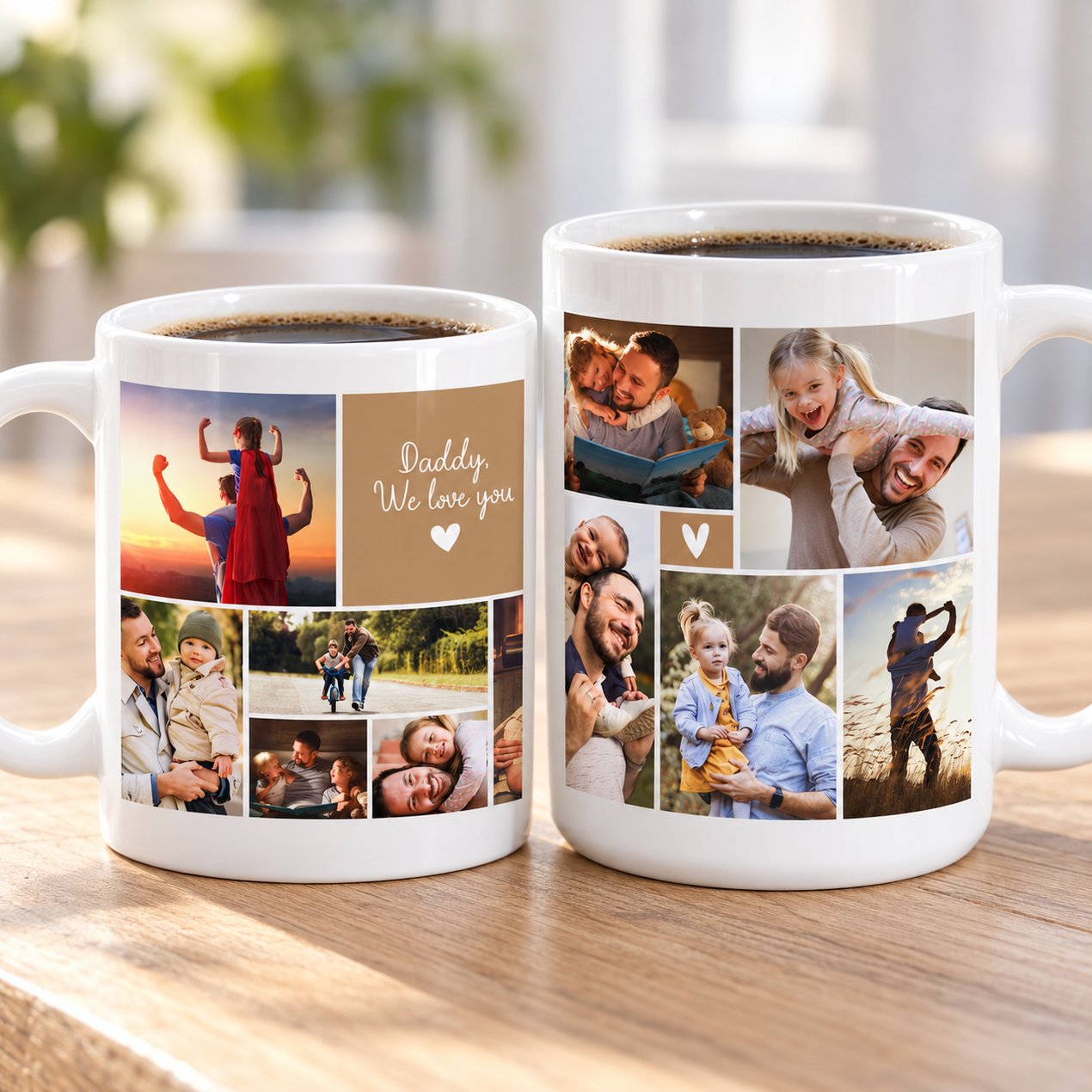 Close up detail of glossy ceramic mug print showing Daddy We love you text and photo collage