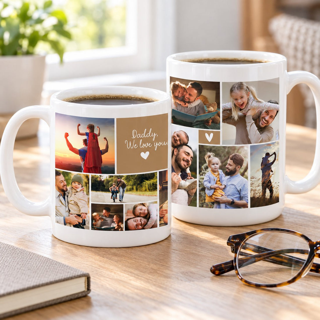 Custom Dad photo collage 11oz ceramic mug next to eyeglasses on wooden desk for size scale