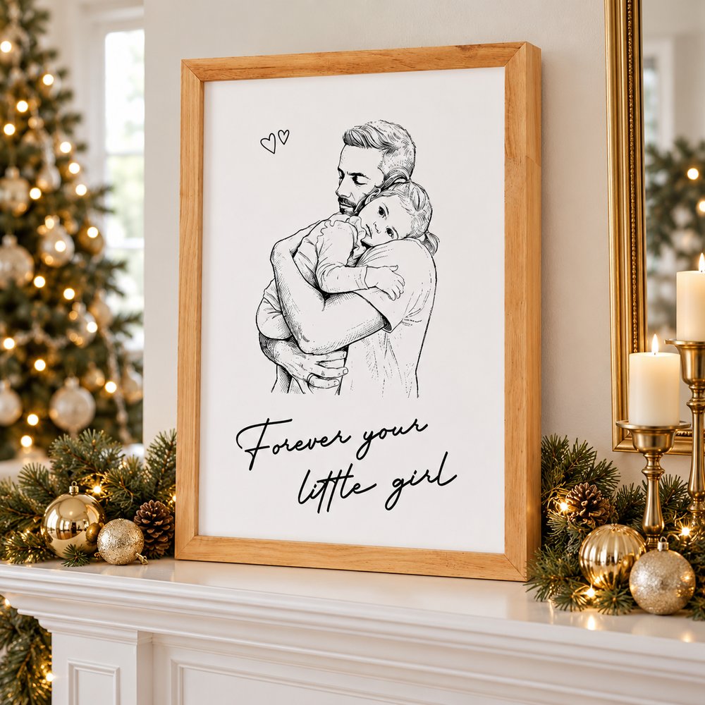 Custom photo Daddy I Love You framed poster on a holiday mantel next to Christmas pine garland