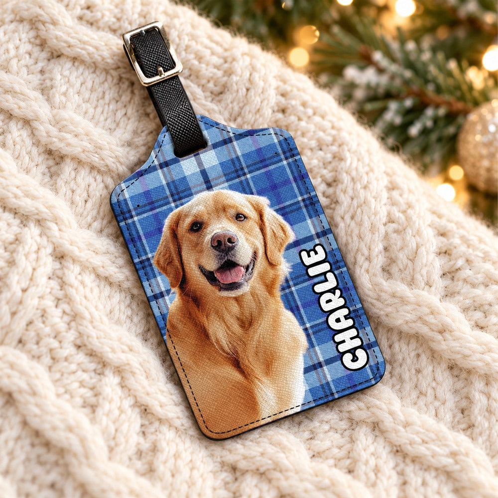 Custom photo dog luggage tag CHARLIE on cream knit blanket with holiday pine decor