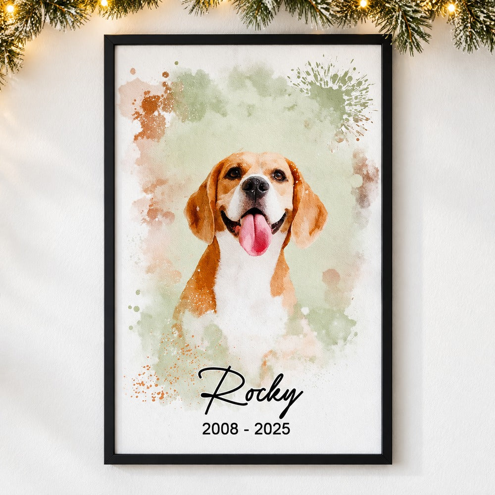 Custom watercolor beagle pet portrait Rocky 2008-2025 framed print on wall with holiday garland