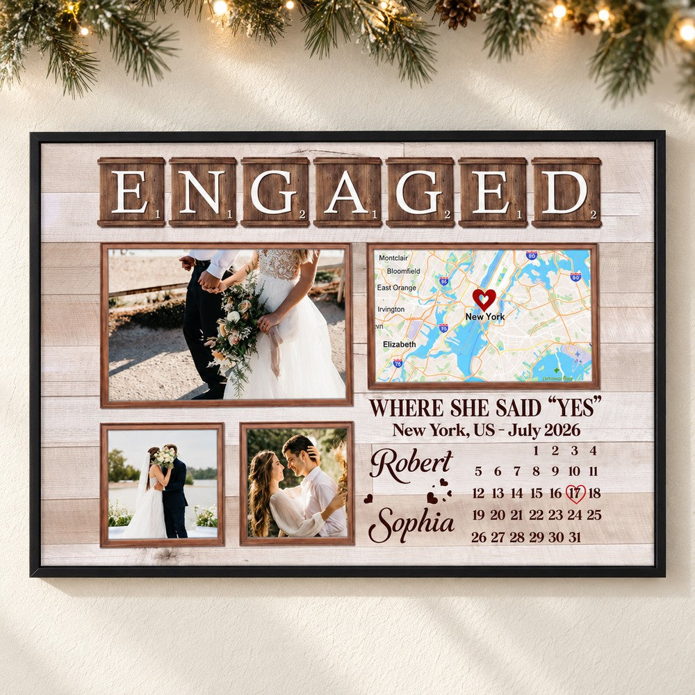 Custom photo engagement poster for Robert and Sophia hanging on a wall with holiday garland and lights