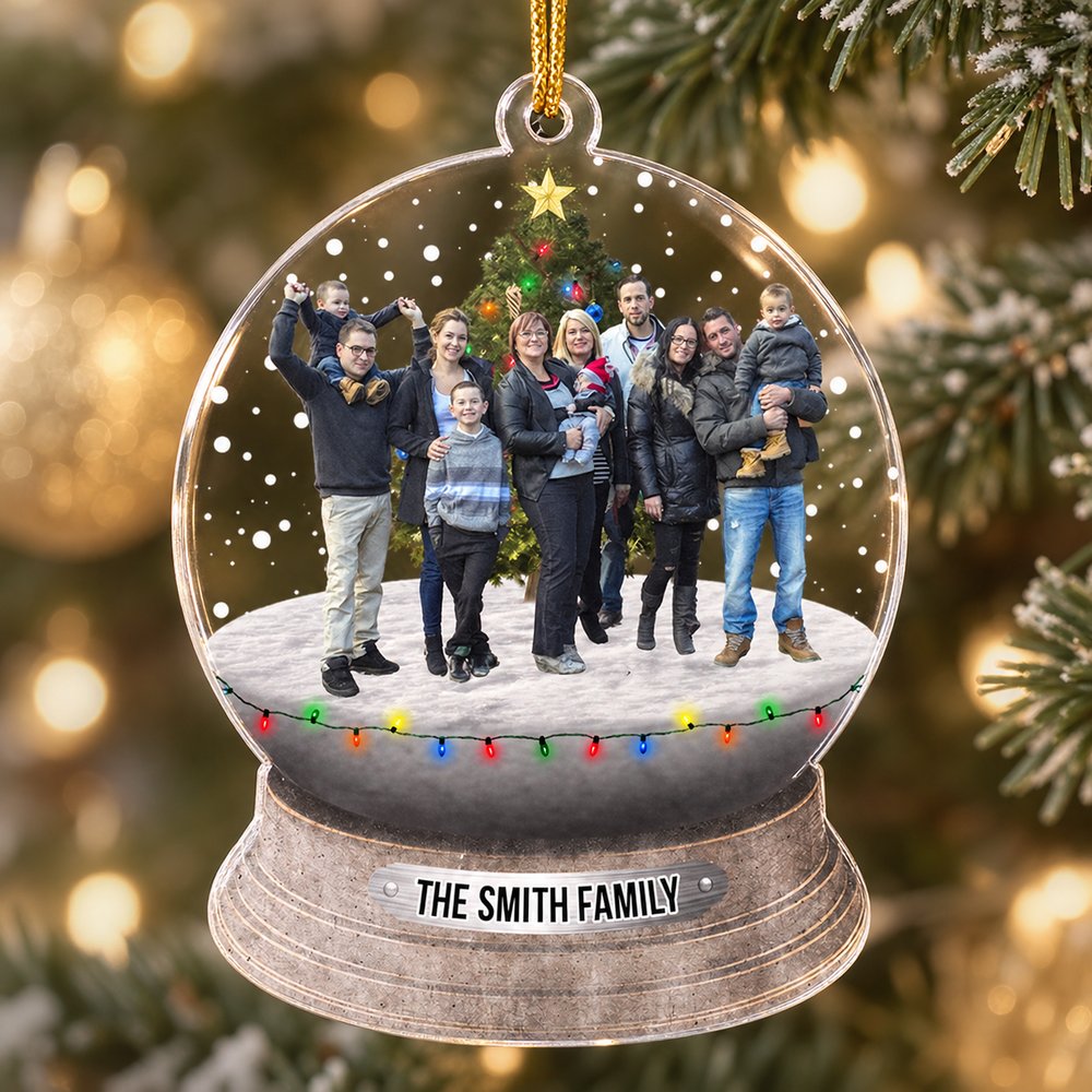 Macro closeup of custom shaped acrylic ornament showing glossy edge and vivid family photo print