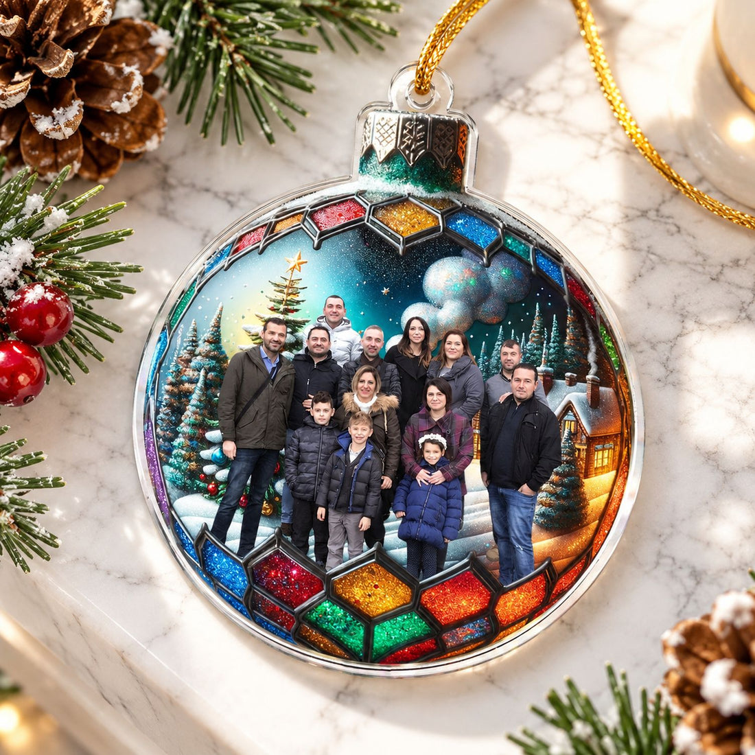 Personalized family photo acrylic ornament styled flat on a festive Christmas mantel with pine branches