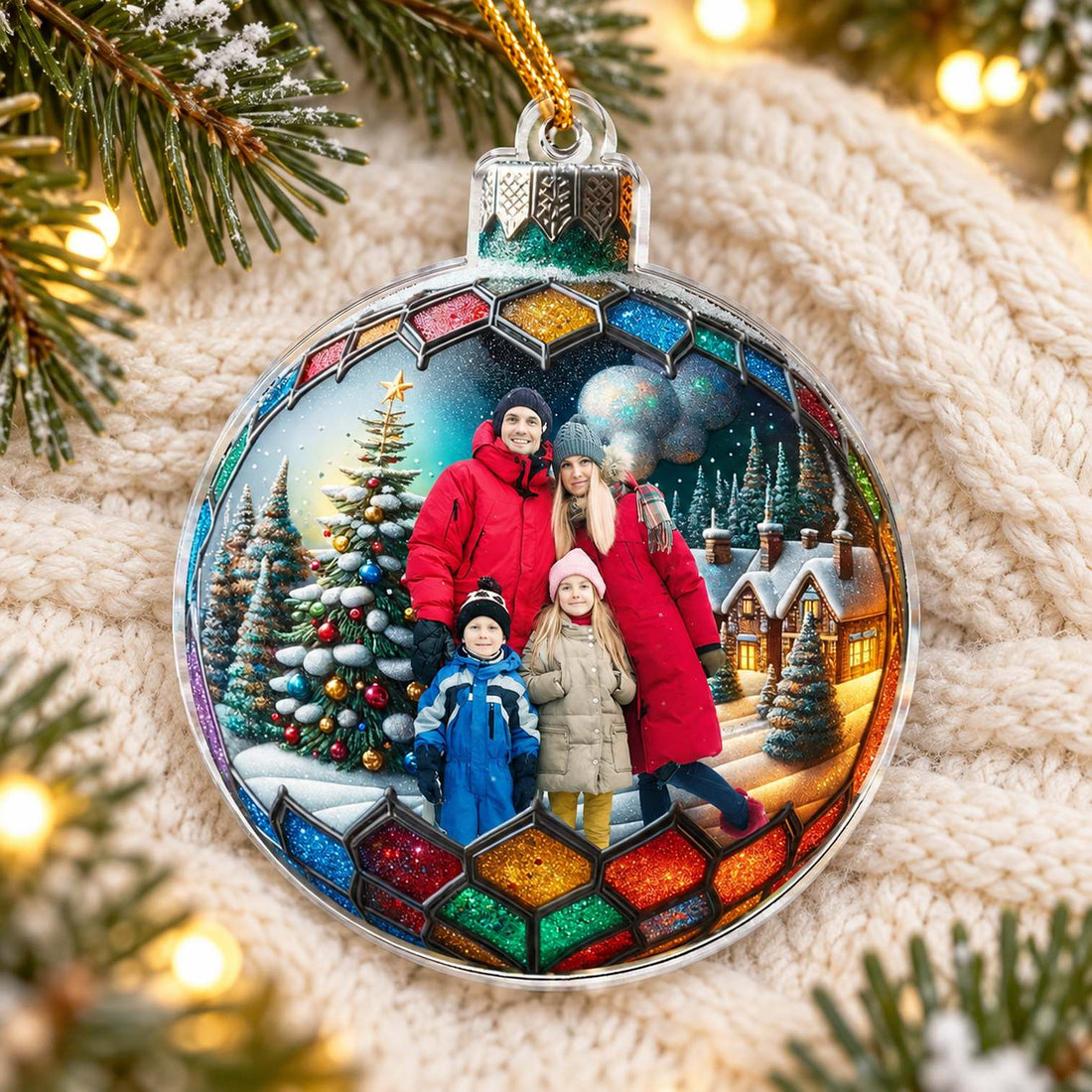 Custom photo family Christmas ball flat acrylic ornament lying on a cream knit blanket with pine sprigs