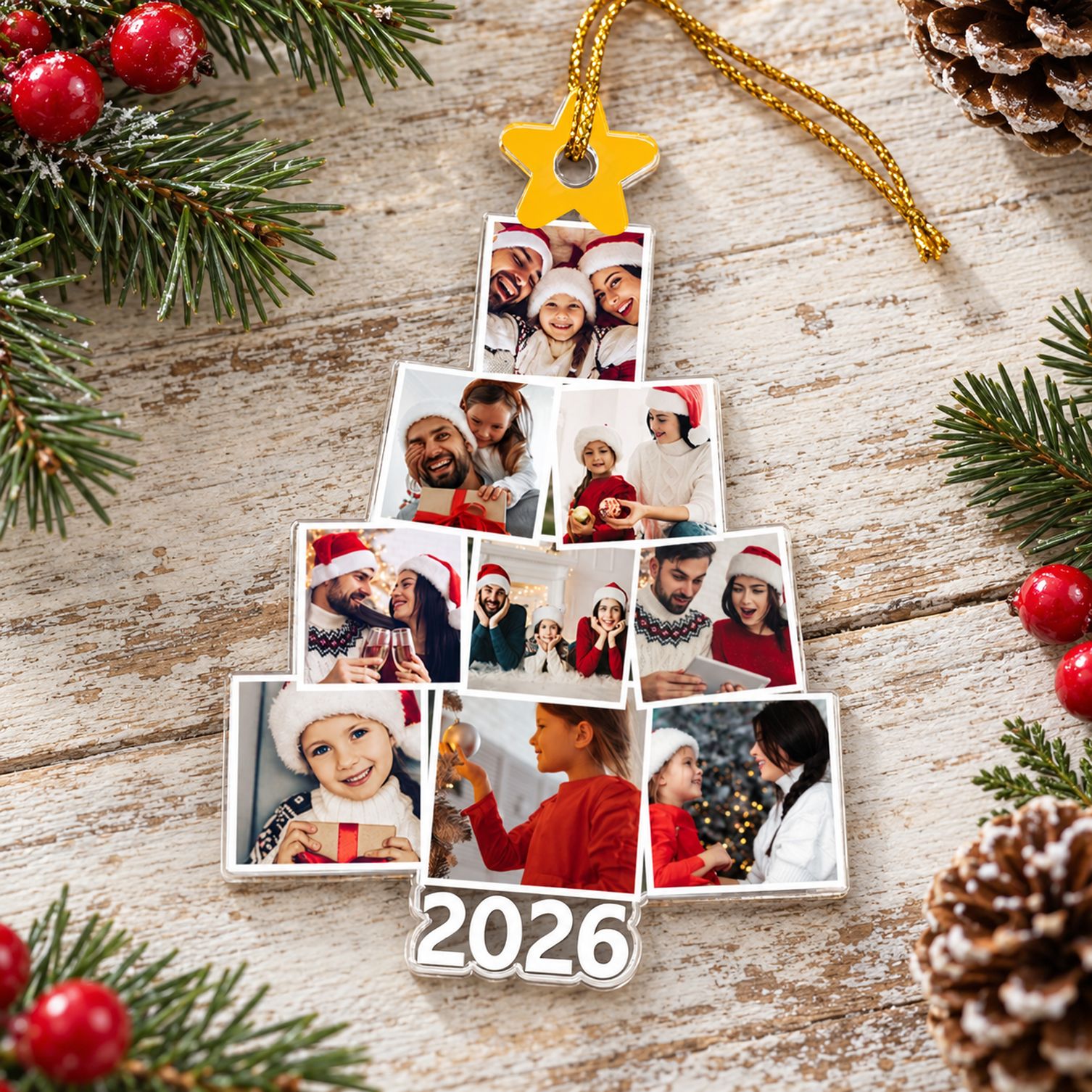Personalized family photo tree acrylic ornament styled flat with pine sprigs and holiday decor