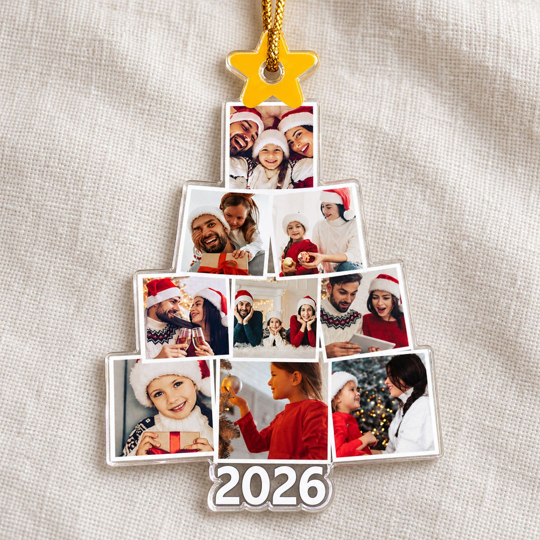 Close-up detail of custom shaped acrylic ornament showing glossy edge and photo print quality