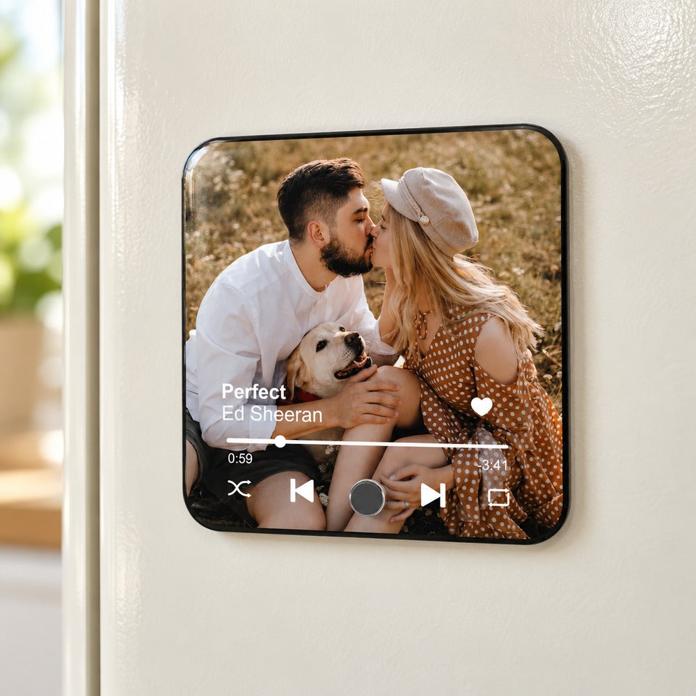Couple personalized music fridge magnet with custom photo stuck on a kitchen refrigerator door