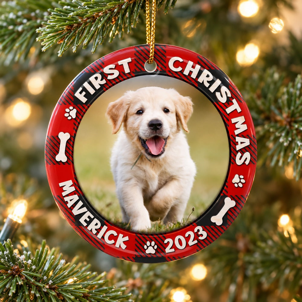 Custom dog first Christmas circle ceramic ornament Maverick 2023 hanging on pine tree branch
