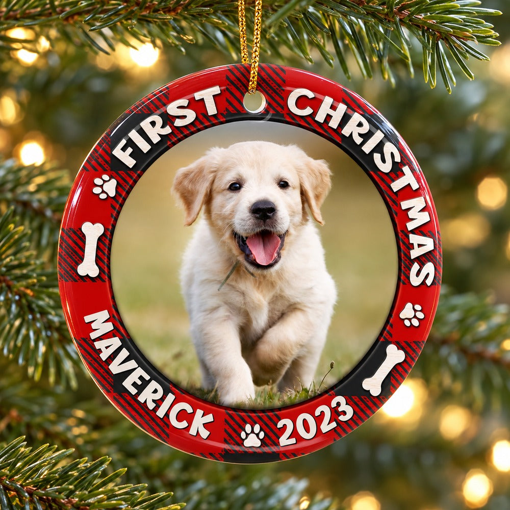 Close-up detail of glossy circle ceramic pet ornament print and red buffalo plaid border