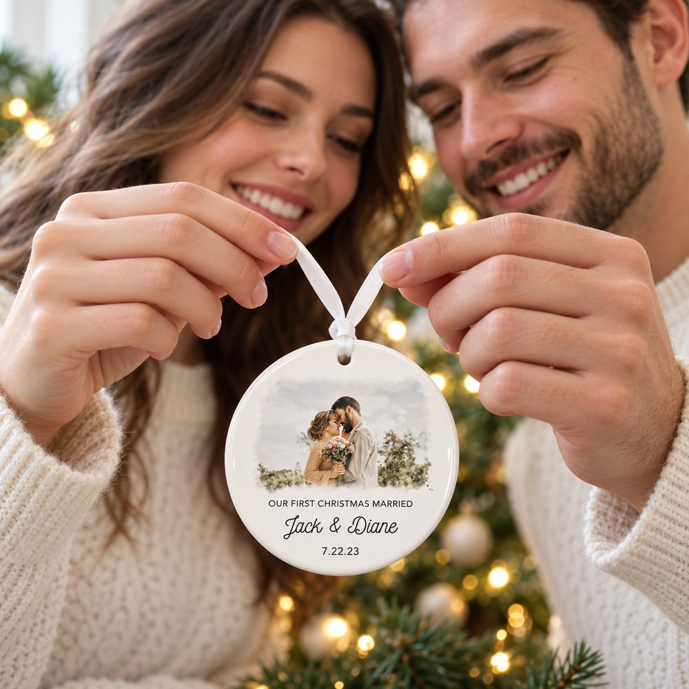 Newlywed couple holding their personalized first Christmas married ceramic ornament