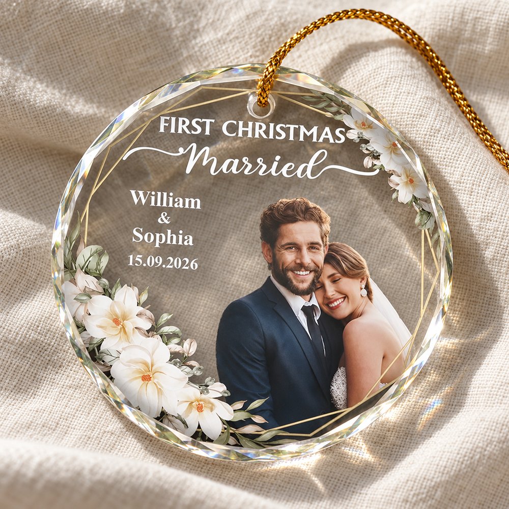 Close-up detail of beveled glass edge and custom photo print on circle glass ornament