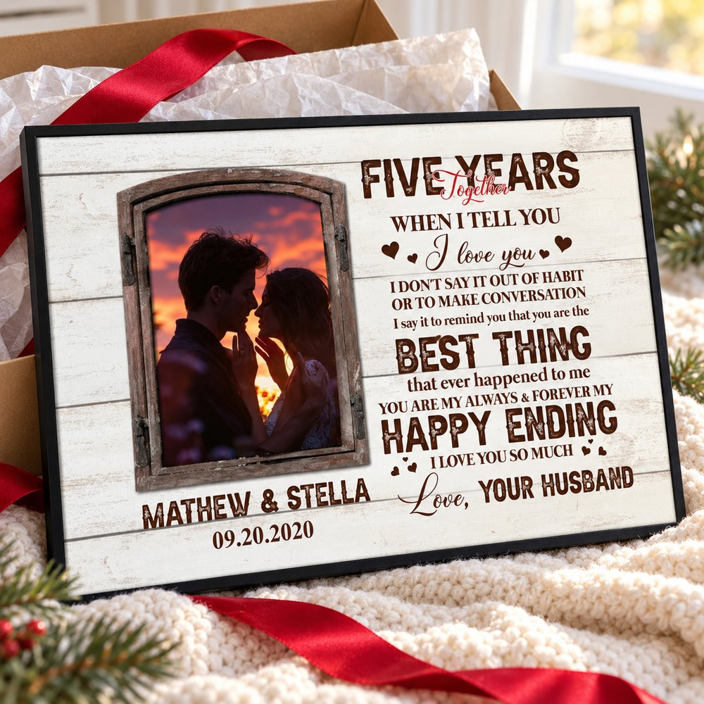Personalized Five Years Together couple poster print next to holiday gift box