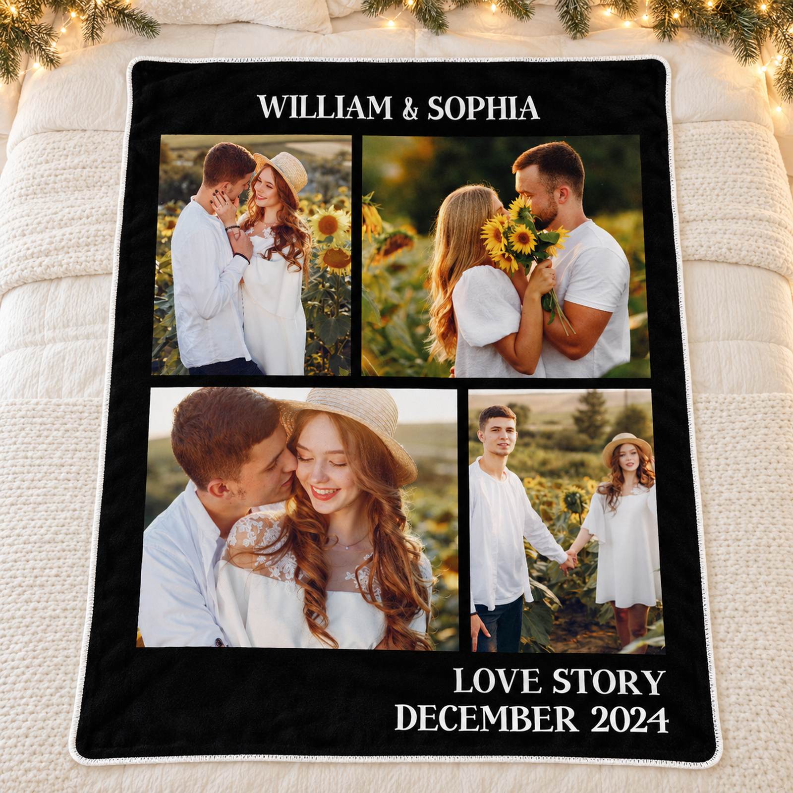 Personalized couple photo blanket with name spread flat on a cozy holiday bed