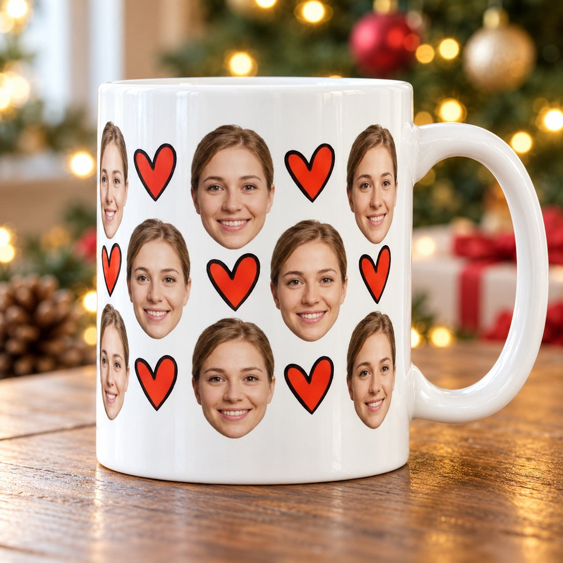 Custom photo face and heart white ceramic mug on table near Christmas tree