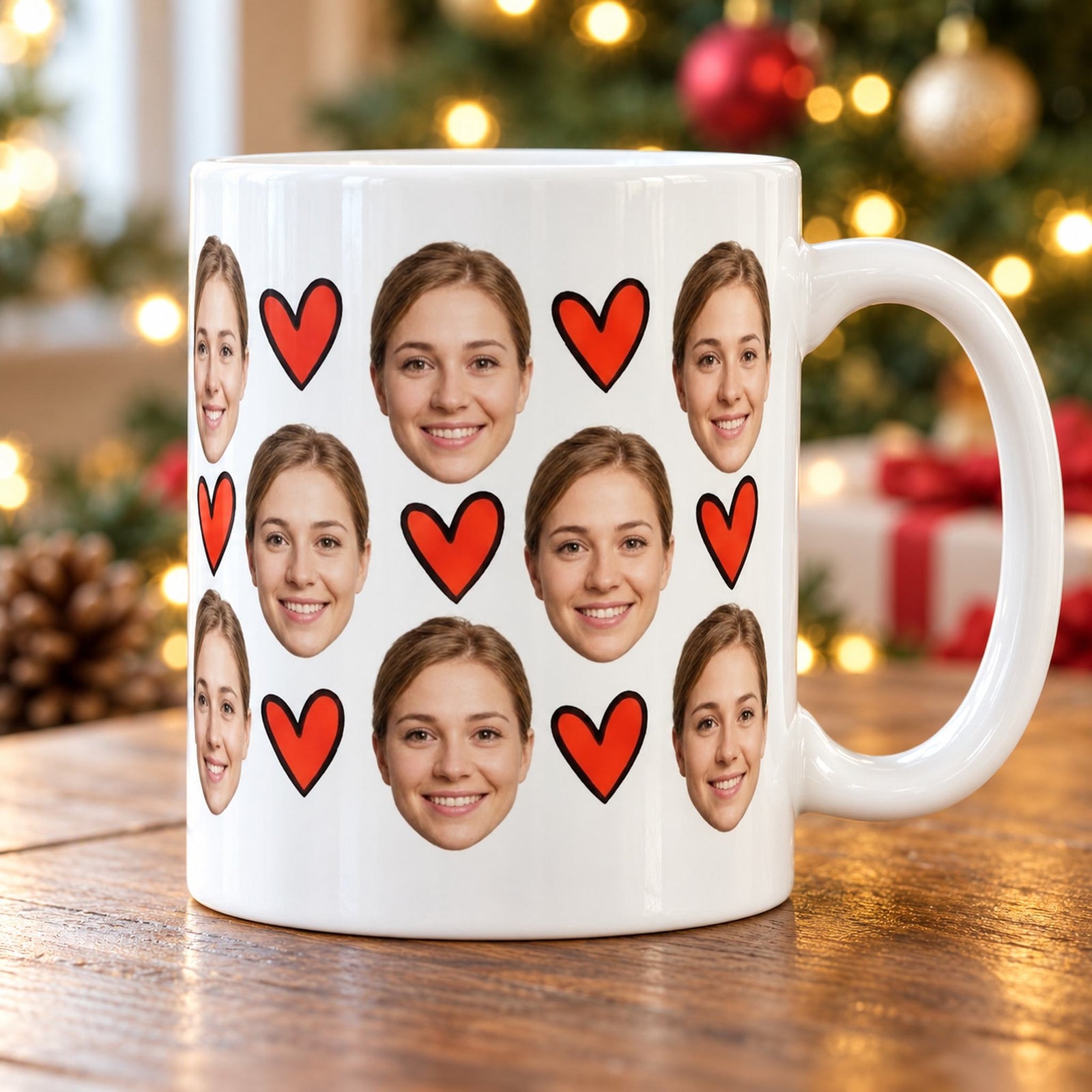Custom photo face and heart white ceramic mug on table near Christmas tree