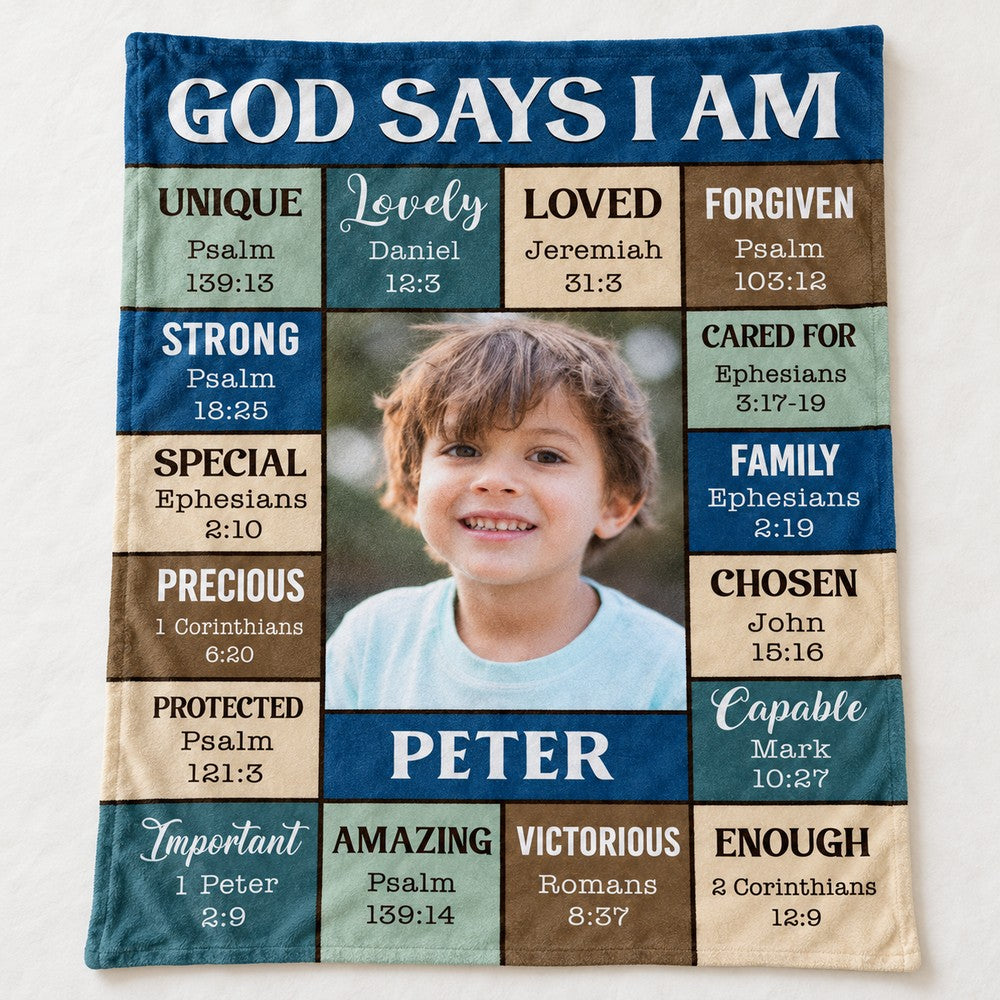 Close-up detail of the soft fleece texture and scripture text print on the God Says I Am custom blanket