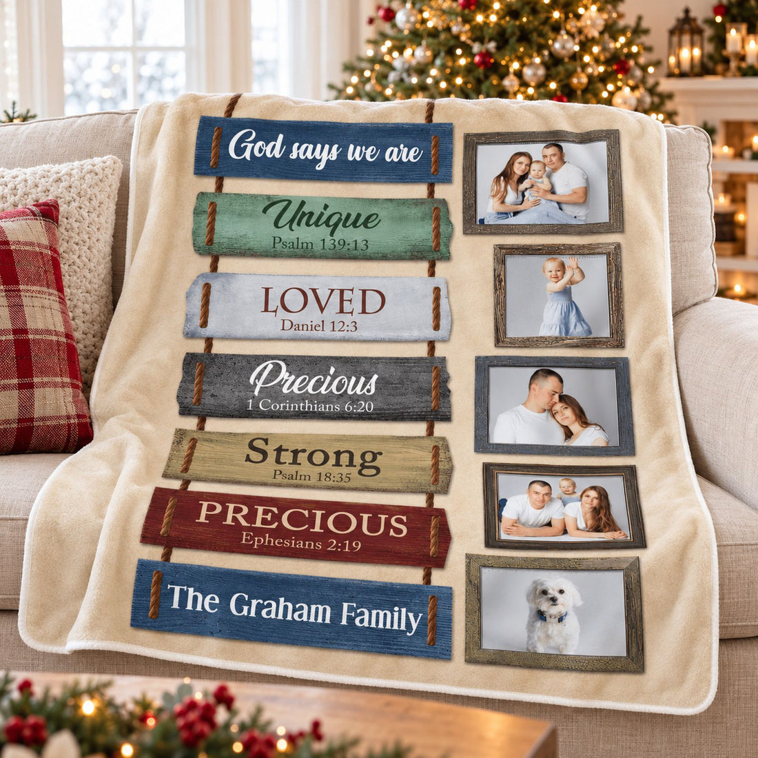 Personalized family photo Bible verse blanket draped on a cozy sofa near a Christmas tree
