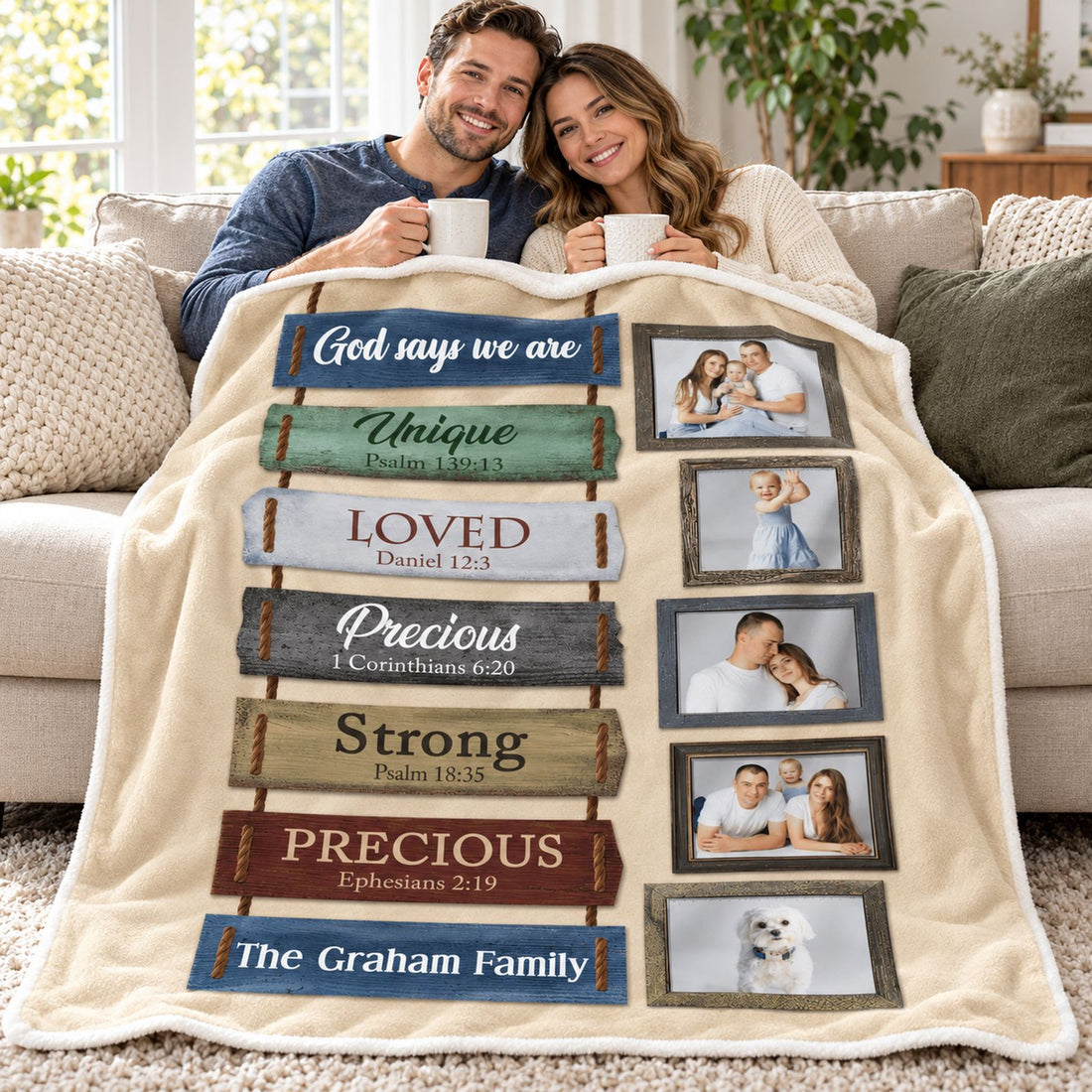 Couple sitting on couch cuddling under their custom family photo Bible verse fleece blanket