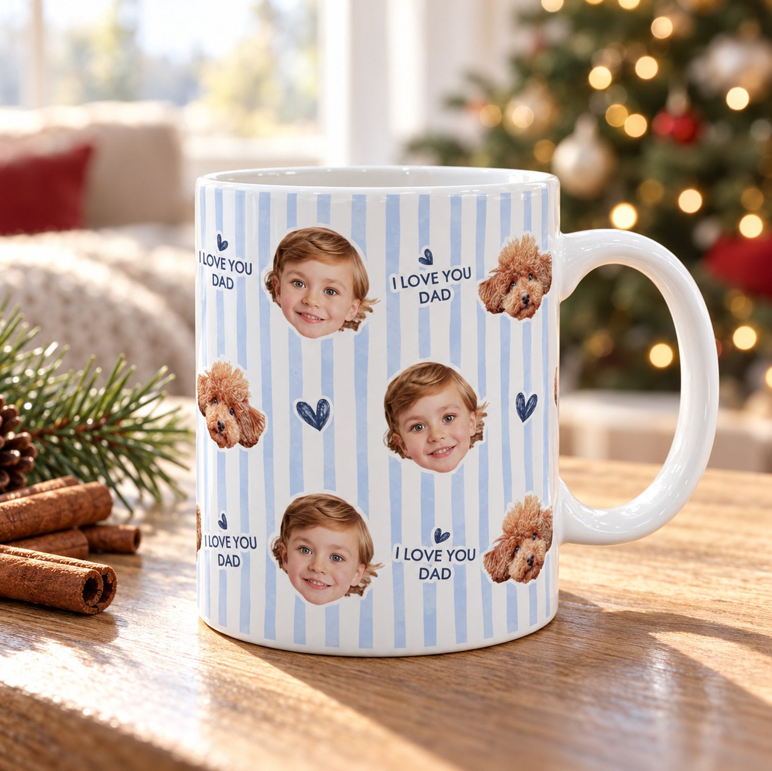 Custom photo face I Love You Dad ceramic mug on a holiday table near a Christmas tree