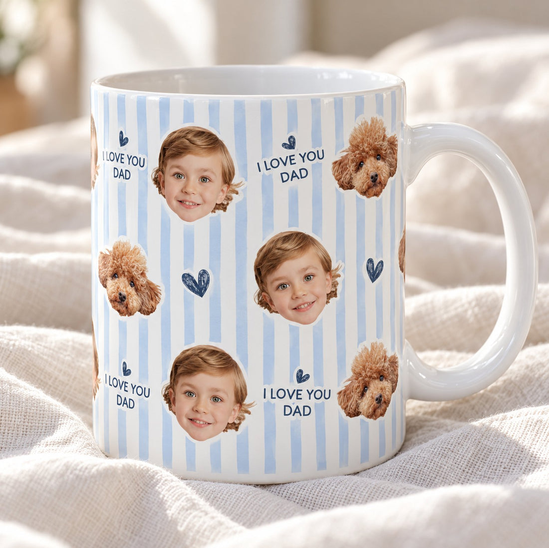 Macro closeup of glossy ceramic mug print showing custom child face and I Love You Dad text