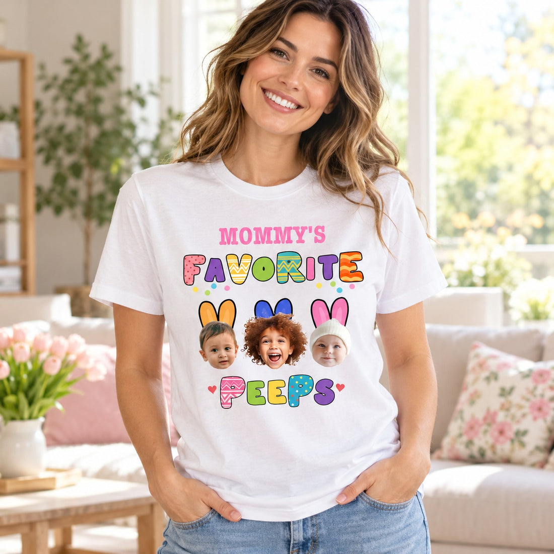 Mom wearing custom photo Mommys Favorite Peeps Easter t-shirt in a bright room