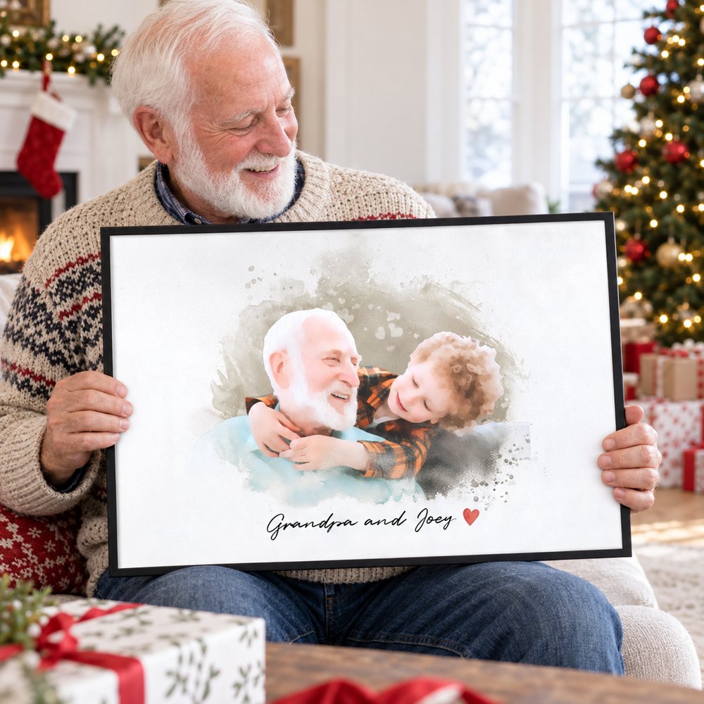 Happy grandfather holding his personalized Grandpa and Kid portrait print