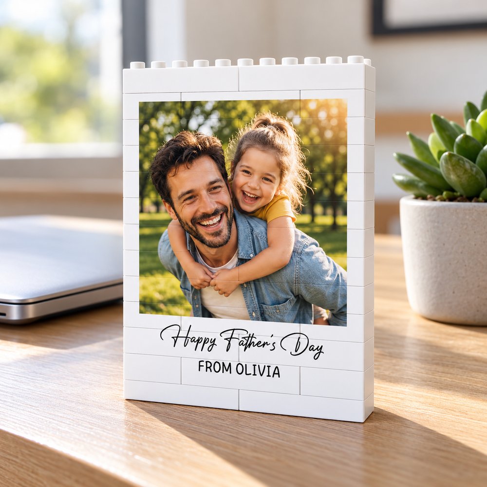 Personalized Father's Day building brick photo block standing on a wooden office desk