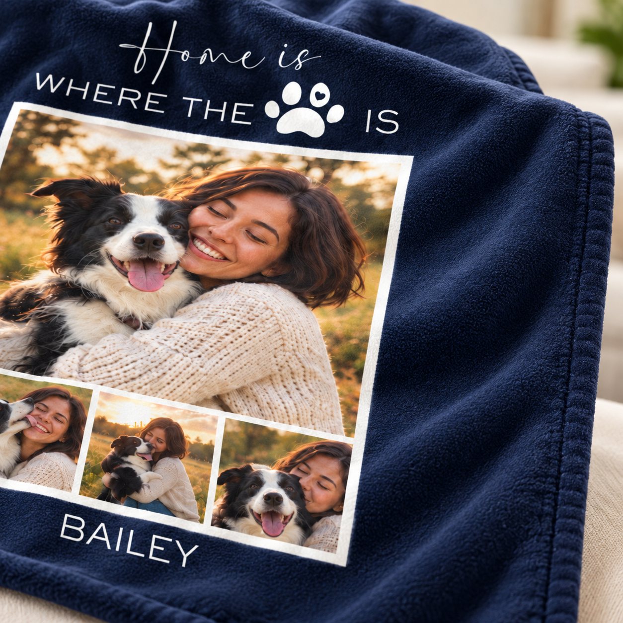 Close-up detail of soft fleece texture and custom print on pet blanket