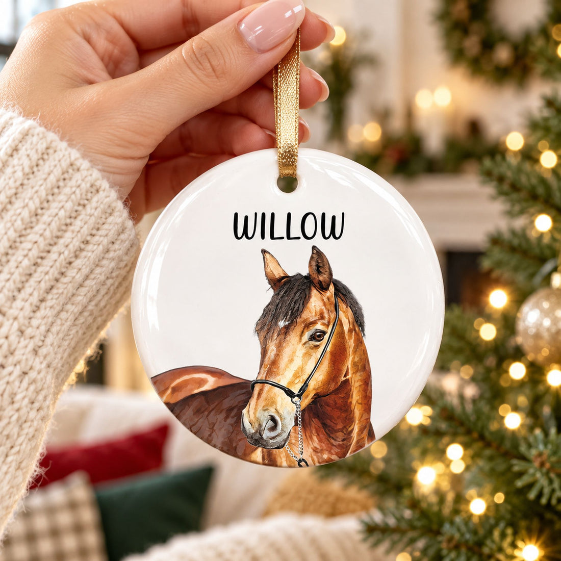Hand holding the 3 inch round personalized horse ceramic ornament to show true size