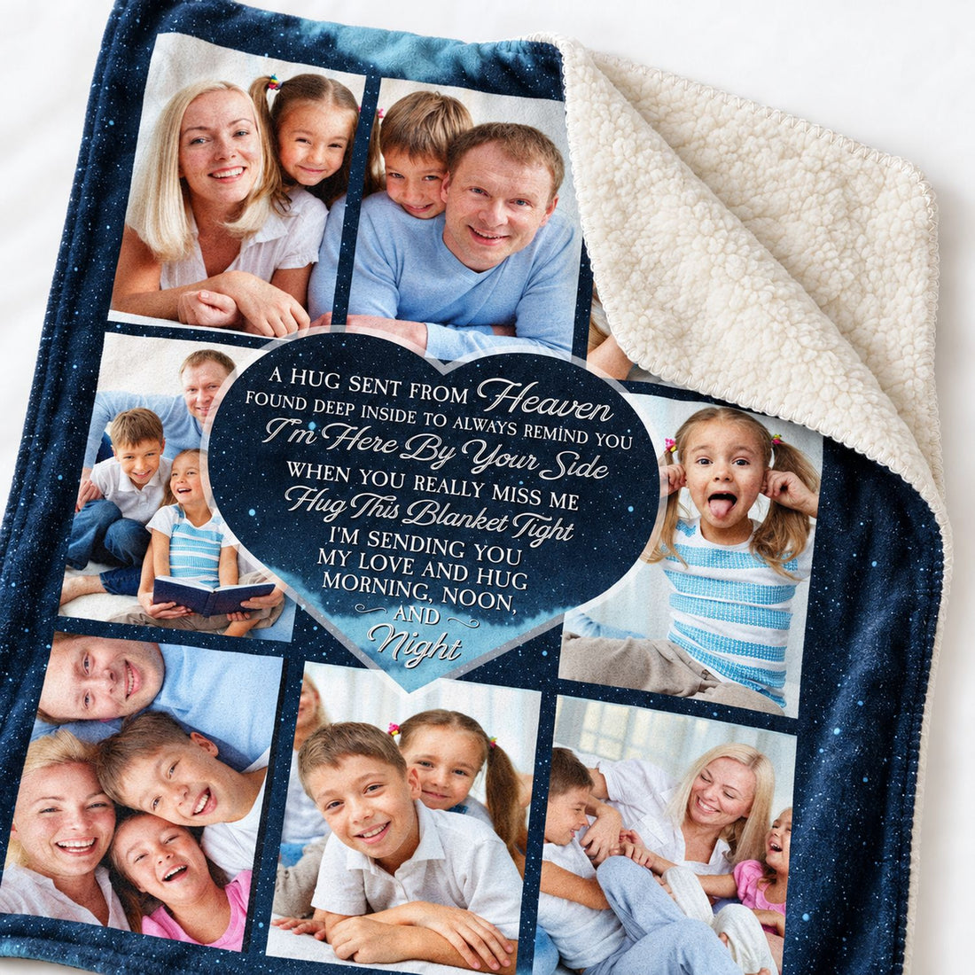 Close-up detail of fleece print texture and plush sherpa backing of memorial blanket