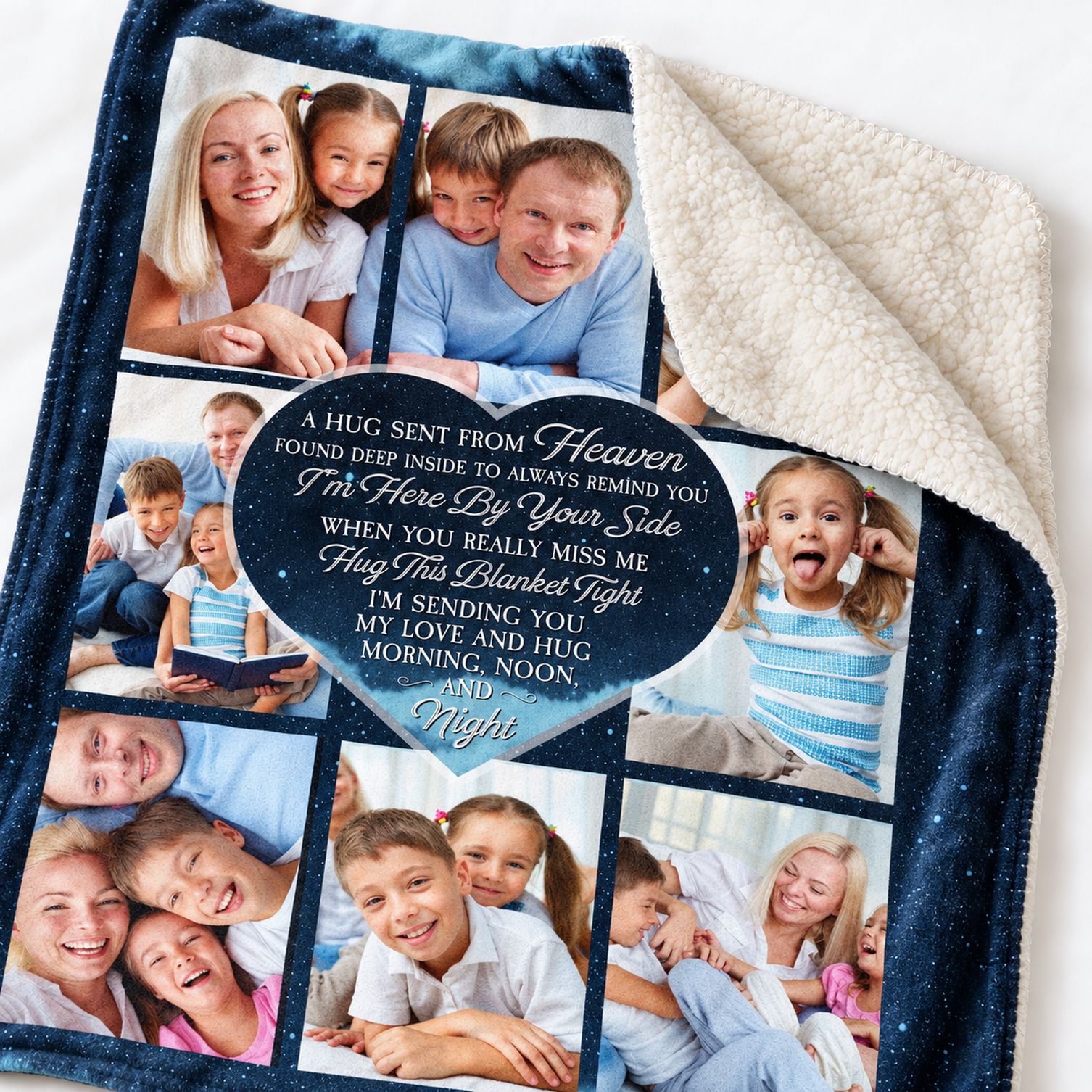 Close-up detail of fleece print texture and plush sherpa backing of memorial blanket