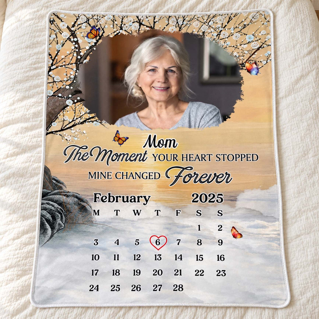 Custom Mom memorial photo blanket laid flat on a neutral cream bed