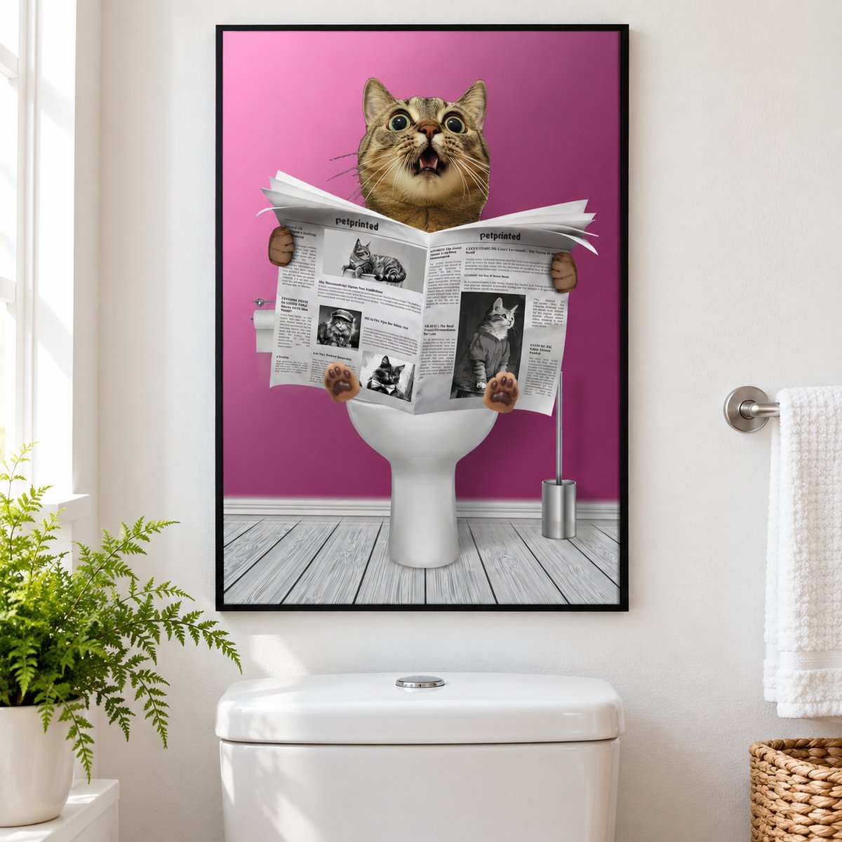 Custom cat reading newspaper on toilet framed poster hanging on a bright modern bathroom wall