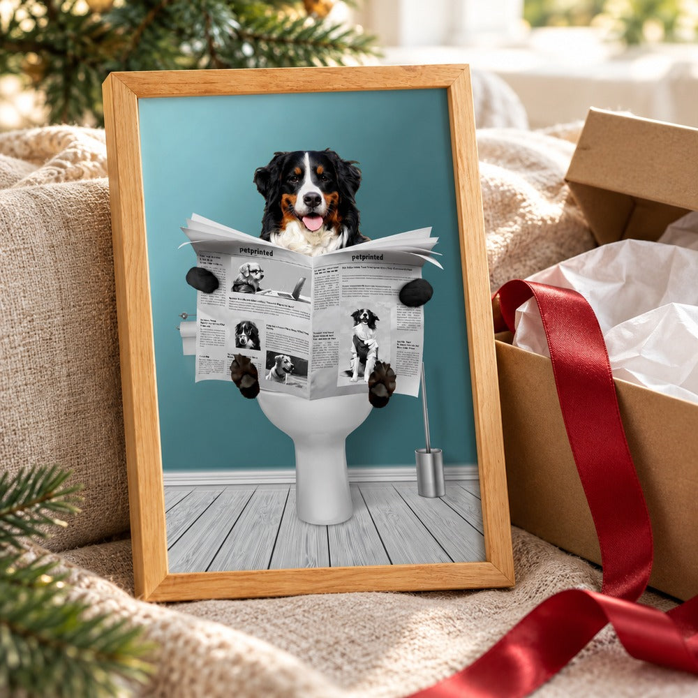 Personalized dog reading newspaper on toilet framed print with holiday gift box