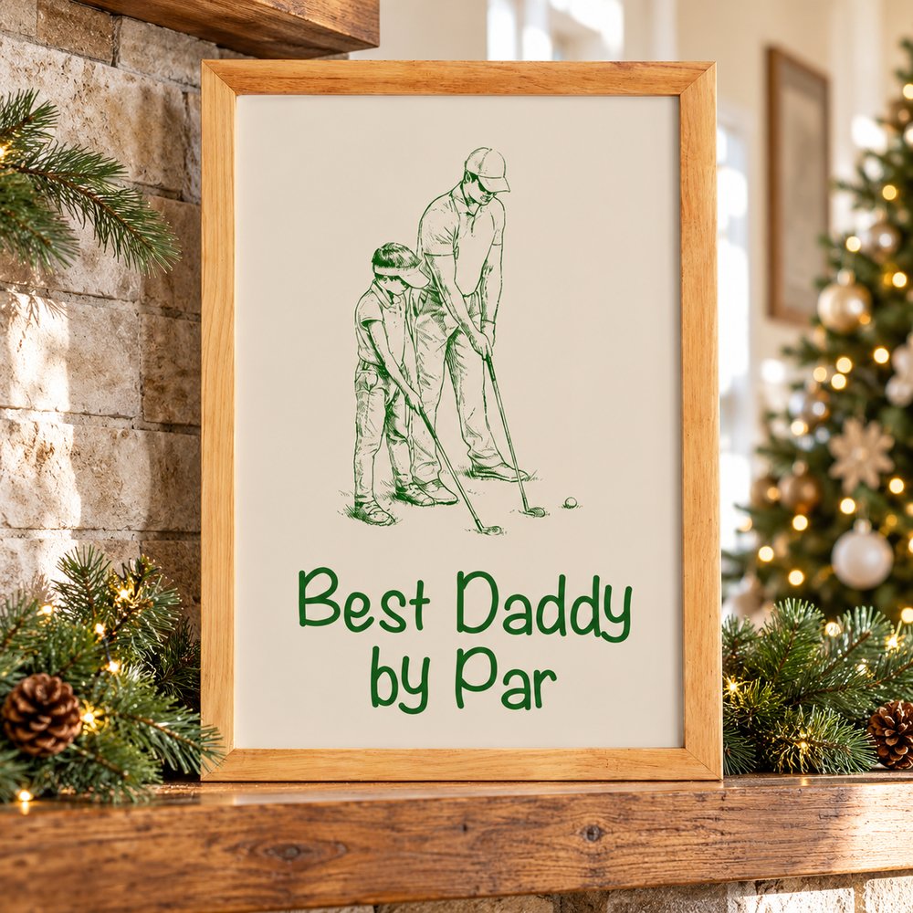 Custom photo golf dad framed print displayed on a holiday mantel next to pine garland
