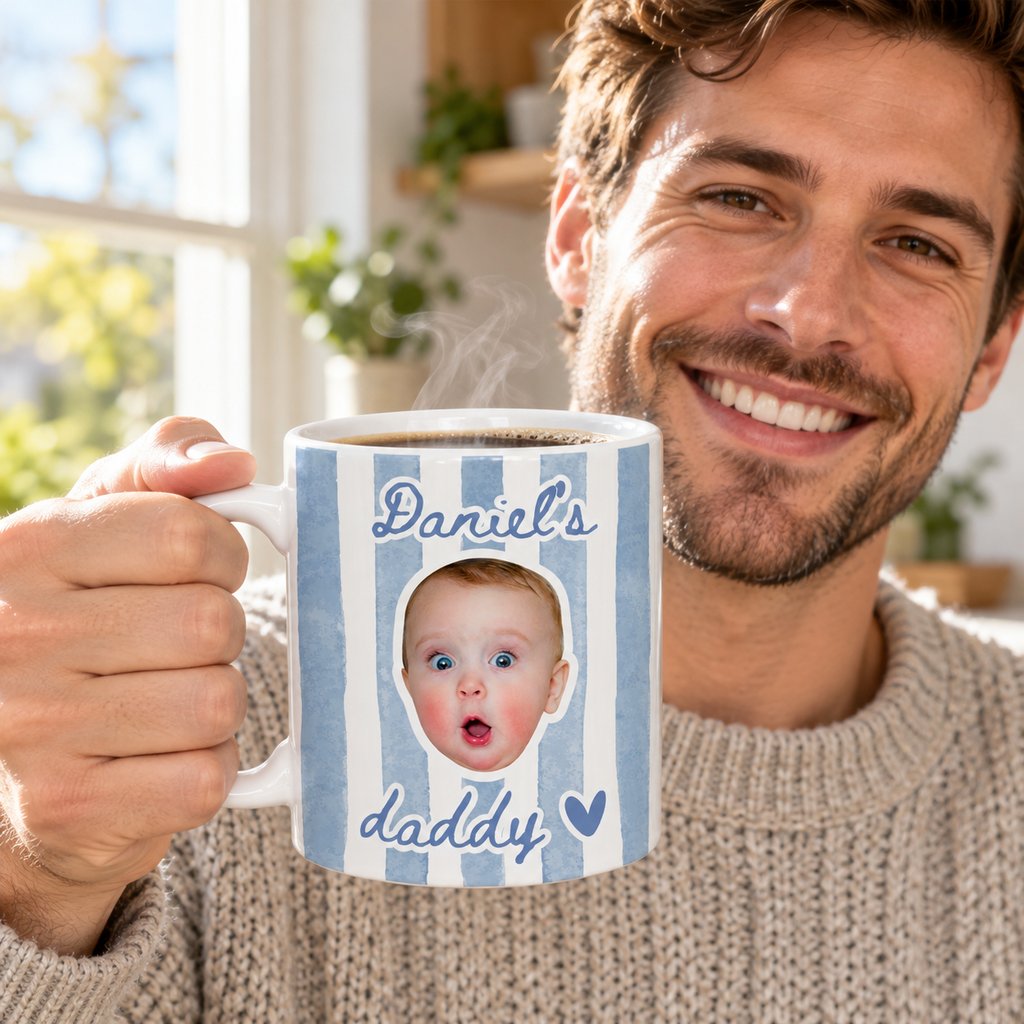 Dad holding personalized baby face coffee mug with steam rising