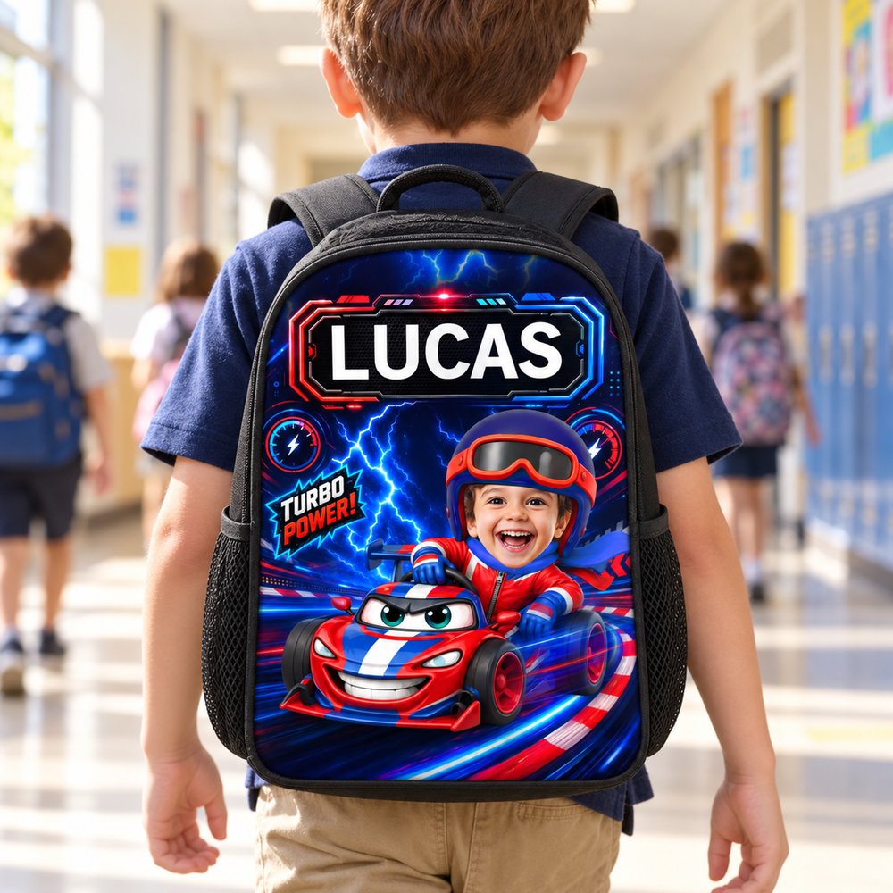 Young boy wearing personalized race car kid backpack in a bright school hallway