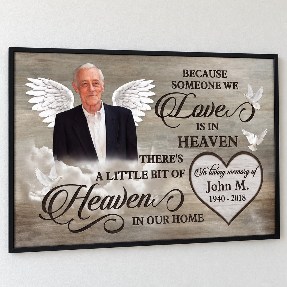 Close up detail of personalized memorial canvas print showing name, dates and dove motif