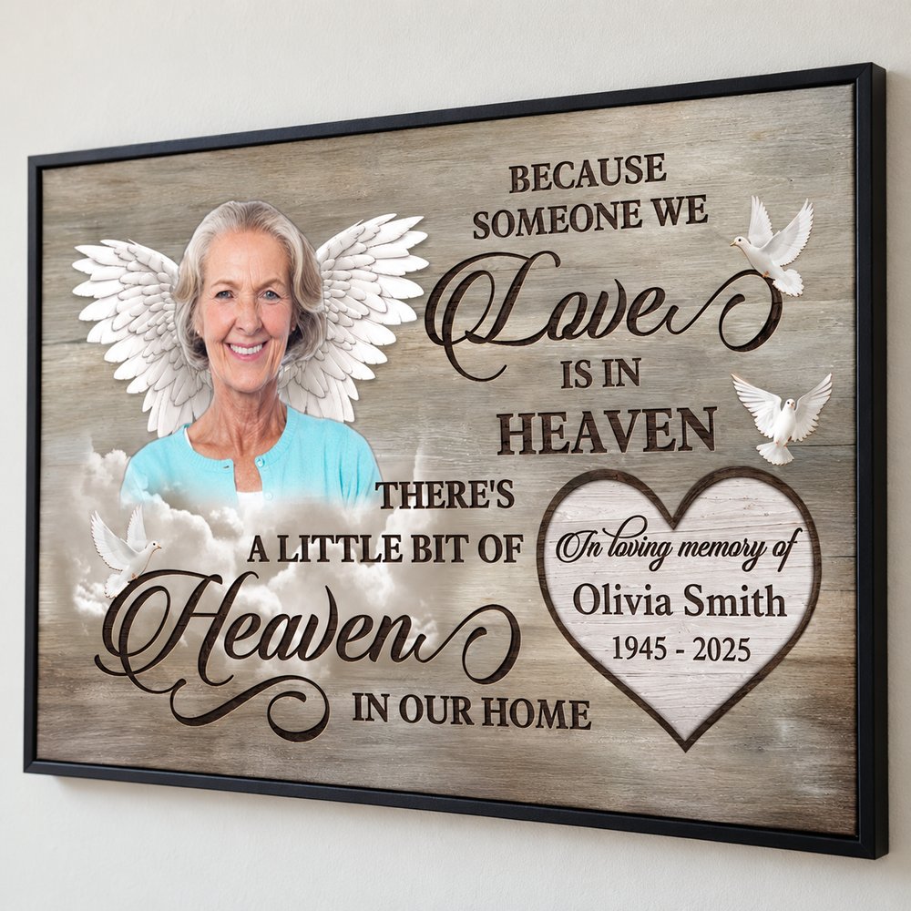 Close up detail of personalized memorial canvas print texture and custom name heart inset