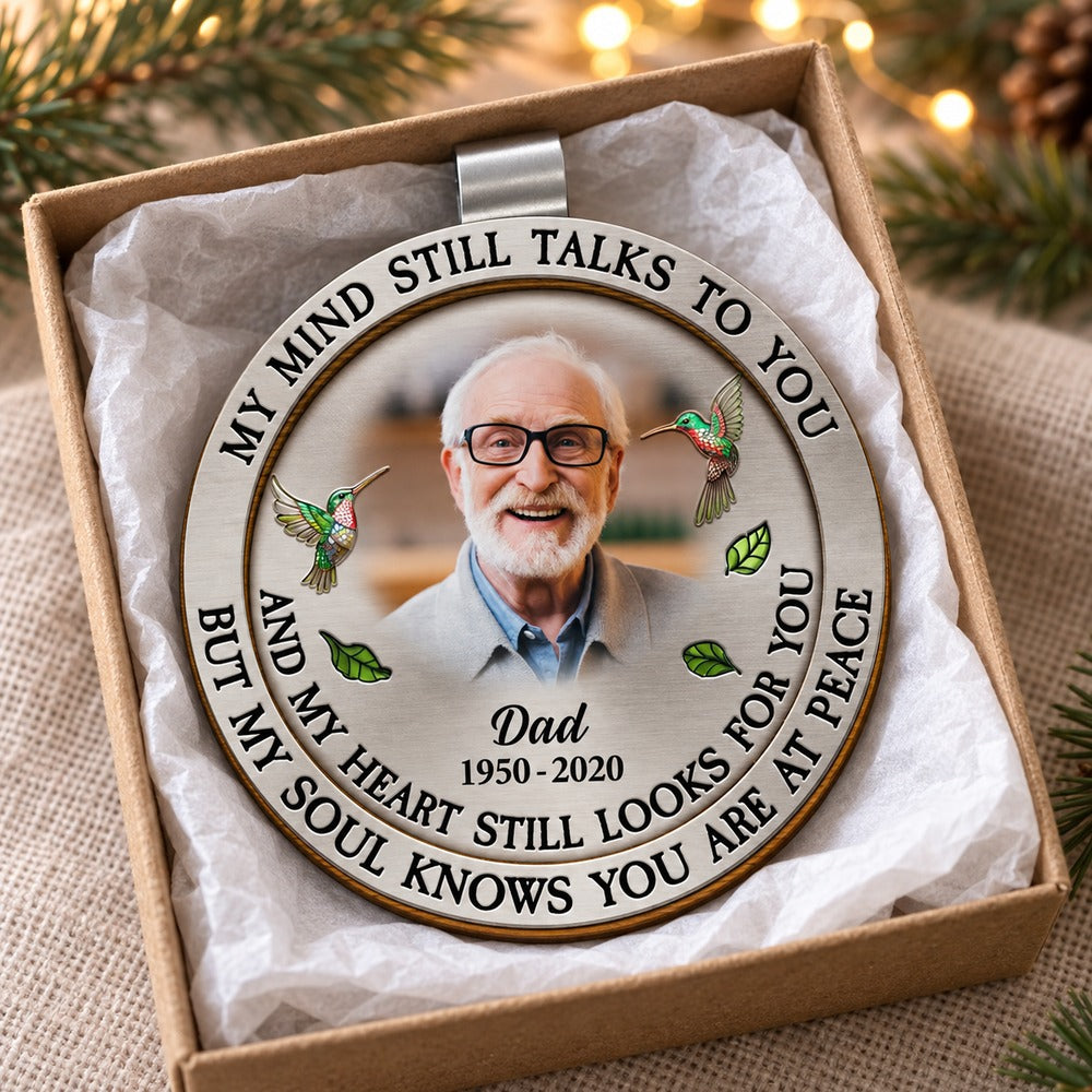Personalized memorial car visor clip for Dad nestled in a holiday gift box with tissue paper