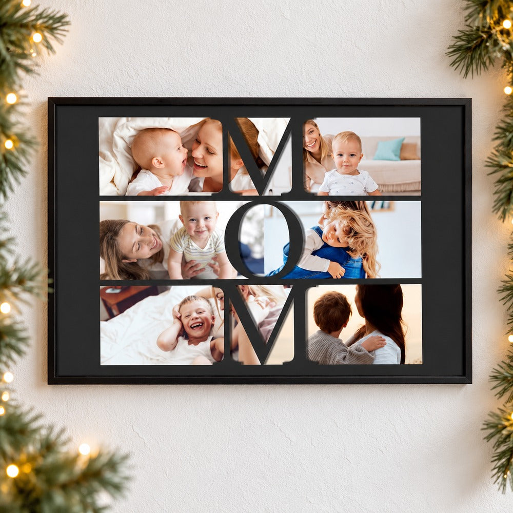 Custom Mom photo collage framed print hanging on wall with holiday garland