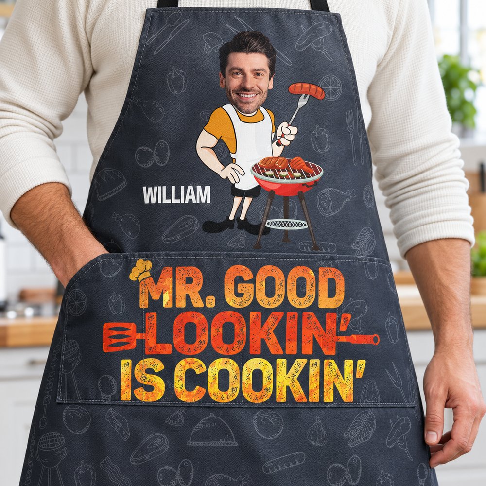 Close up detail of personalized cooking apron fabric texture pocket stitching and vibrant print