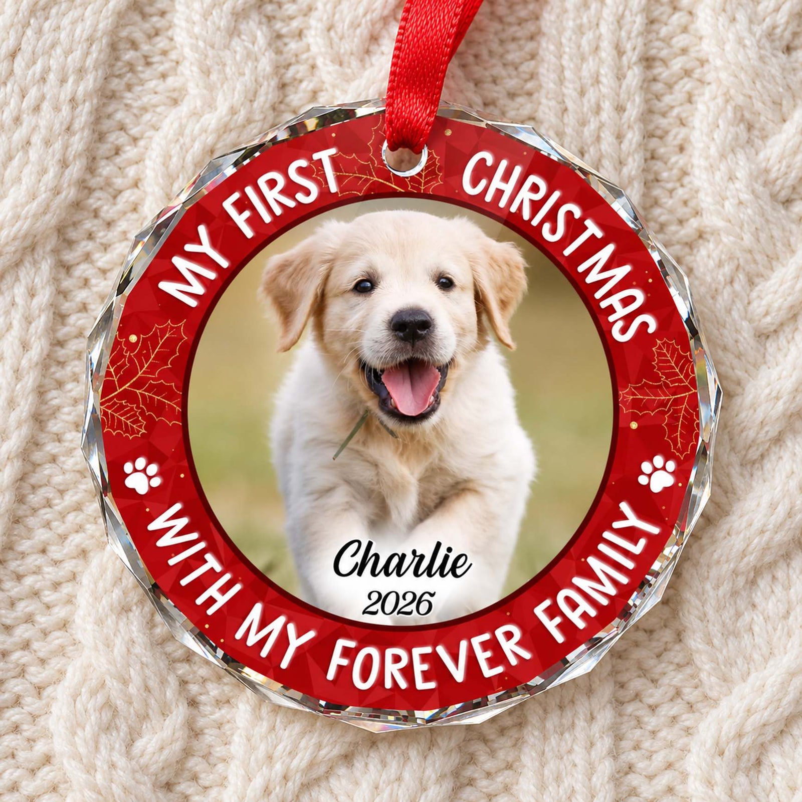 Close-up of personalized puppy photo faceted circle glass Christmas ornament showing beveled edge