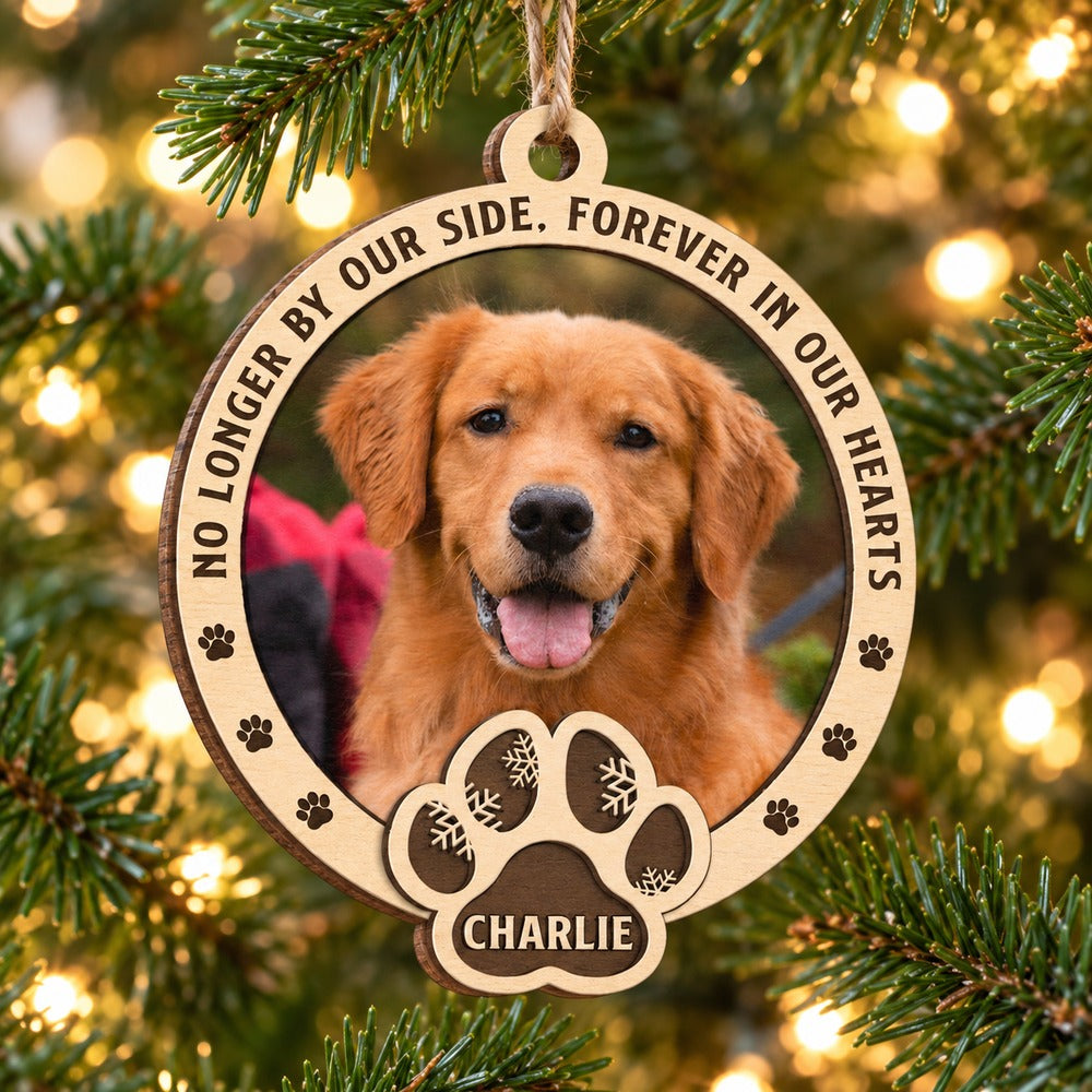 Custom photo pet memorial wood ornament for Charlie hanging on a Christmas tree branch